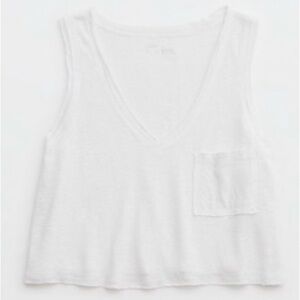 Aerie Breezy Linen V-Neck Pocket Tank Top Shirt - White - Large